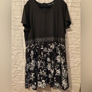 Black Floral Midi Dress with Lace-Trim Waist